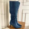 Laarzen Geplooide Hoge Hakken Denim Laarzen voor Vrouwen 2023 Herfst Jeans Kniehoge Cowboy Laarzen Vrouw Blauw Dunne Hakken Lange Botas Feminina T231124