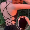 Женские танки летние урожая Brassiere Blusa Женщины без рукавов сексуальная повязка футболка Top Fashion Black Lace Up Tumblr Ladies Y2K