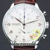 40.9mm Portugieser Chronographe Quartz Montre Homme 371445 371480 Montre Homme Cadran Blanc Acier Csse Bracelet Cuir Marron Chronomètre Nouvelles Montres Timezonewatch Z03a5