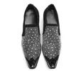Zapatos de vestir de cuero genuino con punta de Metal puntiagudo, zapatos de tacón de 6cm para hombre, zapatos de hombre con diamantes de imitación negros para negocios, fiesta/boda