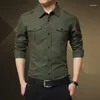 Erkekler Sıradan Gömlekler 2024 Askeri Stil Uzun Kollu Slim Shirt Pamuk Epaulet Çift Cep