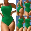 Maillots de bain pour femmes H58D femmes Spaghetti sangle maillot de bain dame couleur unie maillot de bain une pièce vêtements de plage