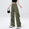 Women's Pants Rimocy Y2K Streetwear Pink Cargo Women 2023 Casual Big Pockets Oversized Overalls Woman Baggy Wide Leg Straight Trousers