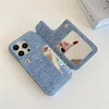 Роскошный чехол для телефона Folio Jeans на молнии Vogue для iPhone 15 Plus 14 13 12 11 Pro Max XR XS, кольцевой держатель, два отделения для карт, кожаный кошелек, подставка, задняя крышка с зеркалом для макияжа