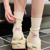 Kadın Çorap Örme Orta Tüp Retro Pembe Etiket Düz Renk Bahar Sonbahar Kış Sıcak Ev Orta Tüp Pamuk Kalın İplik İğneler