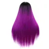 Wig long straight hair wig head cover black gradient grape purple split long straight hair wig head cover