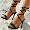 Dress Shoes Black And White Polka Dot Heels Sandals Open Toe Cross Lace-Up Stiletto Bow Ladies Large Size 15 16