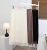 Skirts Beige Color Mesh Patchwork Women Long Skirt Summer Fashion Pleated Shirring