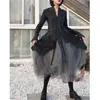 Jupes Vintage gris Tulle longue irrégulière plissée jupe élastique noir taille haute a-ligne maille coréen Chic gothique Punk Streetwear