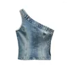 Damestanks cos lris zomer dames casual Amerikaanse retro hellende schouders asymmetrische slanke denim topvest 6045/005