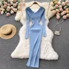 Casual Dresses Vintage Elegant Knitted Slim Sweater Midi Lady Wrap Hips Bodycon Korean Fall Winter V Neck Long Sleeve Dress