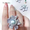 Bröllopsringar Zircon Big Flower Fashion Design Natural Freshwater White Round Pearl 13-14mm Ring Gorgeous Premium 925 Sterling Silver Gift 231124