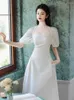 Festklänningar yosimi svart lapptäcke vit voile lång klänning 2023 sommar vintage snedstreck kort ärm i mitten av kalf a-line för kvinnor