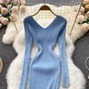 Casual Dresses Vintage Elegant Knitted Slim Sweater Midi Lady Wrap Hips Bodycon Korean Fall Winter V Neck Long Sleeve Dress