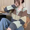 Kvinnors tröjor Biyaby Kontrast Lace-up V-ringad tröja damer preppy stil grundläggande långärmad stickade tröjor kvinnor 2023 hösten lös