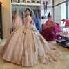 Pink Sequins Ball Gown Quinceanera Dress Tulle Gold Appliques Flowers Bow Beads Off Shoulder Sweet 15 16 Birthday Party Formal