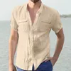 Men's Casual Shirts Mens Fashion Clothing Trends Linen Summer Turn Down Collar Short Sleeve Tops Solid Color Double Pockets Men Shirt