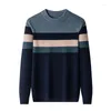 Men's Sweaters Warm Sheep Wool Clothes For Men Autumn & Winter O-Neck Wide Stripes Sweater Patchwork Colors Cashmere Jumpers