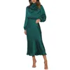 Robes décontractées femmes robe satin demi-haut col à manches longues fête couleur unie évider lanterne taille serrée soirée