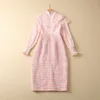 캐주얼 드레스 유럽과 미국 여성 의류 2023 스프링 새 핑크 긴 소매 플레어 슬리브 레이스 스티칭 트위드 패션 드레스 xxl