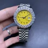 Relógio mecânico automático dos homens Amarelo grande mostrador de 43 mm conjunto de pinos de diamante relógio prateado aço inoxidável relógios vida impermeabilizada