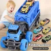 Diecast Model Deformable Rail Car Ejection Folding Big Truck Toys for Kids Container Transporter Playset Children Gift 231124