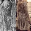 Sıradan Elbiseler 2023 Kadın Yaz Elbise Derin V Yaka Uzun Kol Sequins Bling Party Part Plus Boyut Seksi Vestidos Mujer