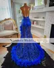 Luxury Blue Prom Dresses For Black Girls With Feathers Halter Neck Beads Crystal Vestidos De Gala Party Gowns Birthday Dresses