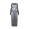 Robes décontractées printemps été 2023 femmes Chic mode gris 3D imprimé à manches longues Slim Fit moulante Maxi robe Club de fête