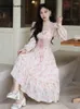 Casual klänningar franska söta vårens höstkvinnor romantisk klänning rosa blommig spets bandage båge prinsessa delikat rufsar fairy midi