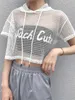 T-shirt femme Femmes Hollow Mesh Net T-shirt à capuche T-shirt à manches courtes Tops Transparent Noir Swxy Clubwear Party P230328 good luly