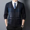 Men s Sweaters 2023 Autumn Cardigan Solid Color Plaid Fashion Business Casual Knitted Sweater Warm V neck 231124