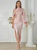 Casual Dresses Sexy Pink Draped Long Sleeves Waist Folds Maxi Dress Women Design Side Spilt Slim Luxury Evening Party Runway