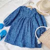 Vestidos de menina primavera estilo coreano roupas a linha saia manga longa floral azul bonito vestido de princesa para meninas de 3 a 8 anos