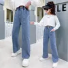 Jeans Teen Girls Jeans High Tailed Wide Leg Pants Springs Children's Losse rechte blauwe denim broek Casual stijl broek Kleding 230424