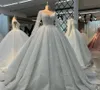 Luxury Ball Gown V-Neck Wedding Dress 2024 Arabic Dubai Tulle Pearls Beaded Illusion Long Sleeves Bride Formal Gowns Vestido De Noiva