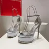 Rene Caovilla Sandalias De Tacón De Plataforma 15 CM Tacones Ultra Altos Mujer Correa De Tobillo Hebilla Decoración De Diamantes De Imitación Zapatos De Diseñador Sandalias De Fiesta con Punta Cuadrada De Moda