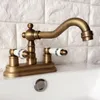 Bathroom Sink Faucets Antique Brass 4" Centerset Kitchen Vessel Two Holes Basin Swivel Faucet Dual Ceramics Handles Water Tap Aan064