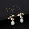 Bengelen oorbellen utrend eenvoudige Danity Leaf Gold Color Blue Beads Water Druppel voor vrouwen Vintage lange hangende oorrang