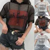 T-shirt pour femmes T-shirt à manches courtes Femmes Mesh Top Hooded Hollow Out Sexy Punk Rock Crop Crop Fishnet Black Fashion P230328