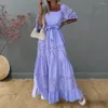 Vestidos casuais maxi vestido quadrado colarinho puff meia mangas cinto renda costura cintura alta plissado hem sólido streetwear