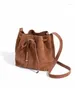 Evening Bags Women's Drawstring Retro Genuine Leather Bag With Bow Design Korean Cross Body Shoulder Bucket Frosted Luxury Armpit