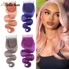 Fermeture en dentelle de cheveux humains rose argenté gris bleu violet 99J rouge orange 4x4 100% fermeture de cheveux humains vierges faits à la main avec des cheveux de bébé vague de corps en soie droite Bella Hair