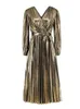 Robes décontractées Col en V Taille Haute Métallique Maxi Vintage Robe Femmes Bal Banquet Élégant À Manches Longues Sexy Parti Plissé Vestdios Robe