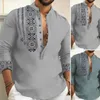 Men's Casual Shirts Regular Fit Shirt Vintage Ethnic Style Slim Long Sleeve Pullover Stand Collar Mid Length T-shirt For Spring