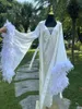 Kvinnors sömnkläder fjäder trim golvlängd bröllopsklänning klänning set vit boudoir satin kimono brudrockar långa siden underkläder presentrock