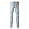 Jeans pour hommes Purple Brand Paint Graffiti High Street Slim Fit Streetwear Denim lavé Pantalon long bleu clair