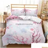 Ensembles de literie Ensembles de literie Couette florale rose Er Ensemble de thème de fleurs de cerisier japonais Couette romantique de printemps pour fille Couvre-lit en microfibre Dhg9J