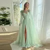 Dubai Arábia Saudita Sage Chiffon A Linha Vestidos de Noite Lindo Beading Cabo Longo Envoltório Vestidos de Festa de Baile Plissado Sexy Side Split Segunda Recepção Vestido Formal CL2972