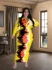 Robes de grande taille Tie Dye Imprimer Col en V À Manches Longues Slim Fit Maxi Dress Moyen Stretch Femmes Party Club Dames Élégant Moulante